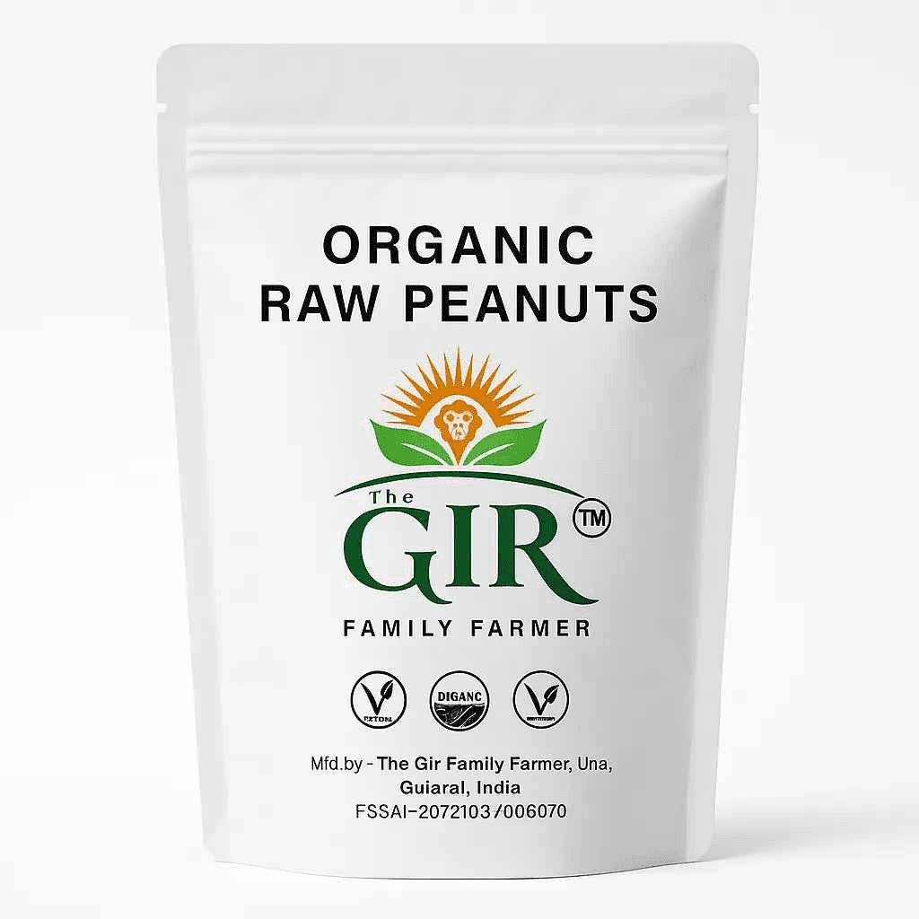 The Gir Family Farmer Organic Raw Peanuts in a white resealable pouch, great for snacking or cooking
