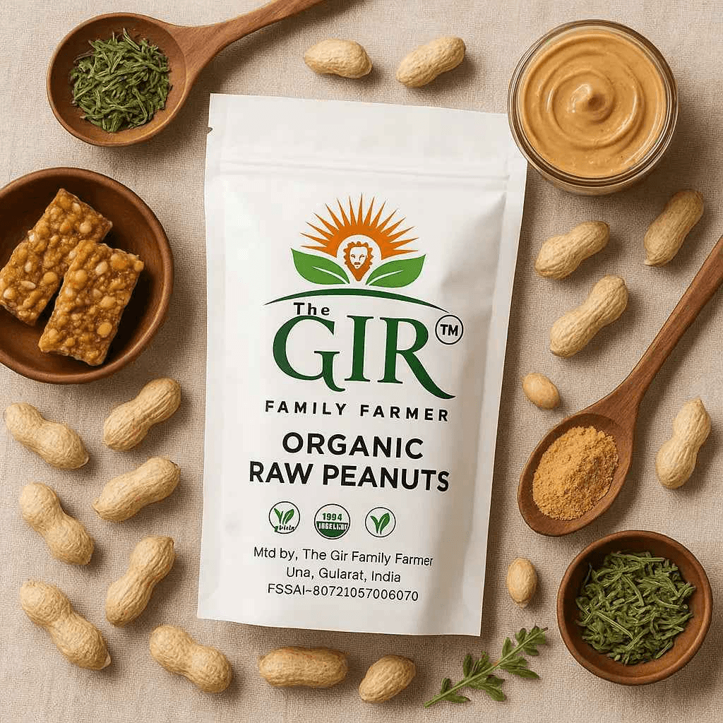 The GIR Farm organic raw peanuts packaged in a white bag surrounded by peanuts, spices, and peanut butter
