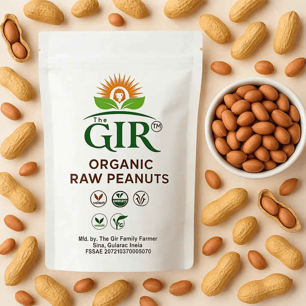 The Gir Farmer Organic Raw Peanuts in a resealable bag, ideal for snacking or cooking.