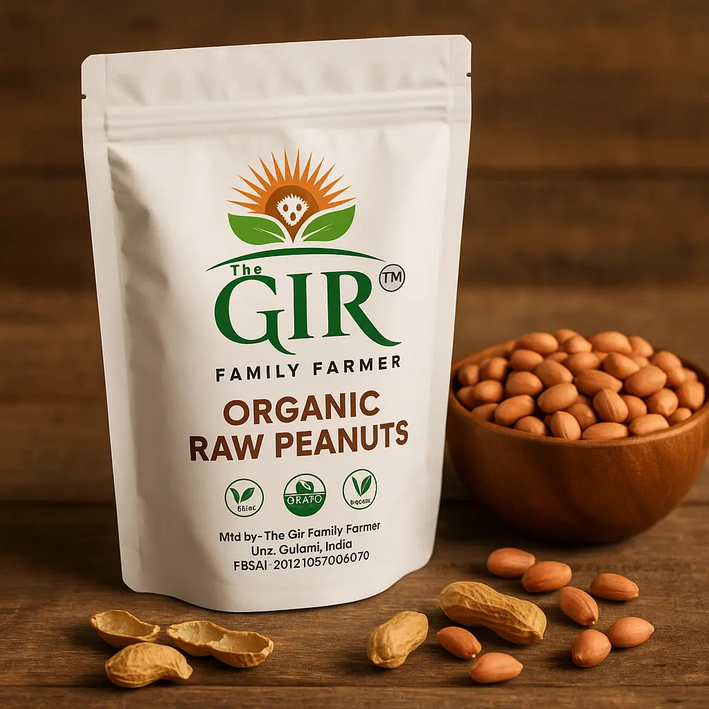 The GIR Family Farmer Organic Raw Peanuts Pack with Peanuts in a Wooden Bowl