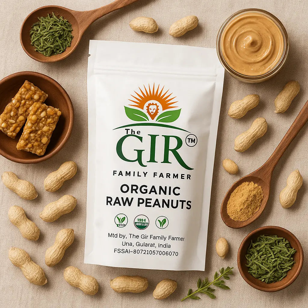 The Gir Farmer Organic Raw Peanuts packaging on a wooden table with peanuts and ingredients