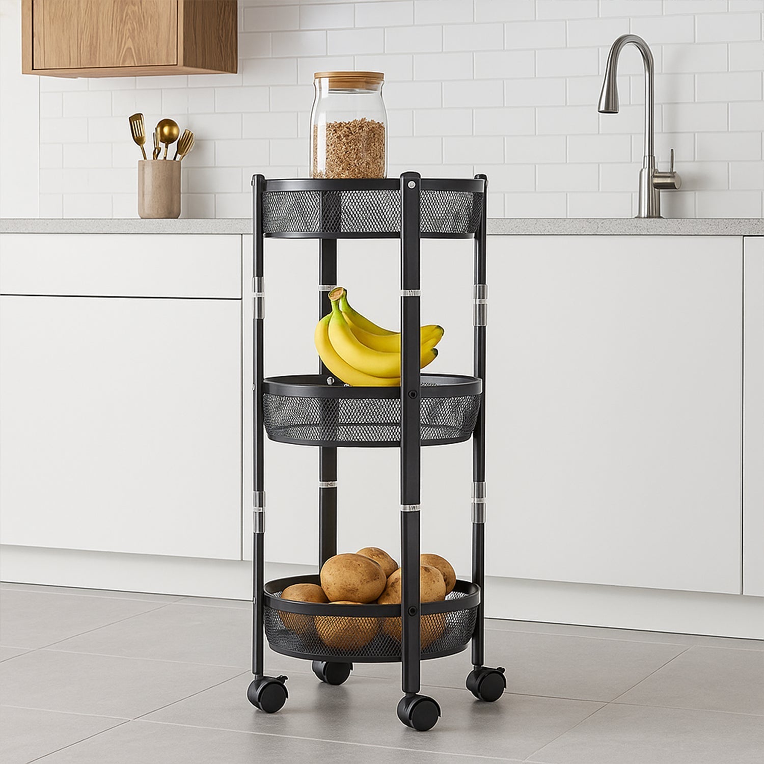 3-Layer Round Metal Mesh Utility Storage Trolley with Wheels Your Brand