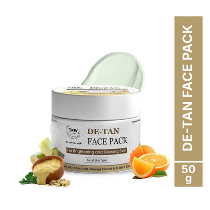 Organic de-tan face pack in a 50g container for brightening and glowing skin with natural ingredients