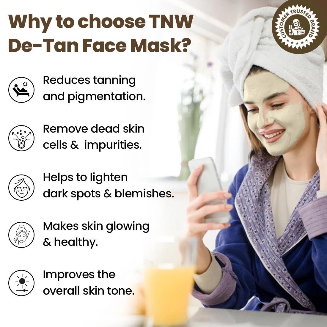 Woman applying TNW organic de-tan face pack to reduce tanning and improve skin tone