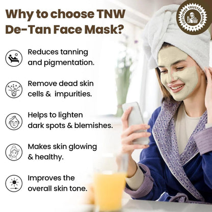 Woman applying TNW organic de-tan face pack to reduce tanning and improve skin tone