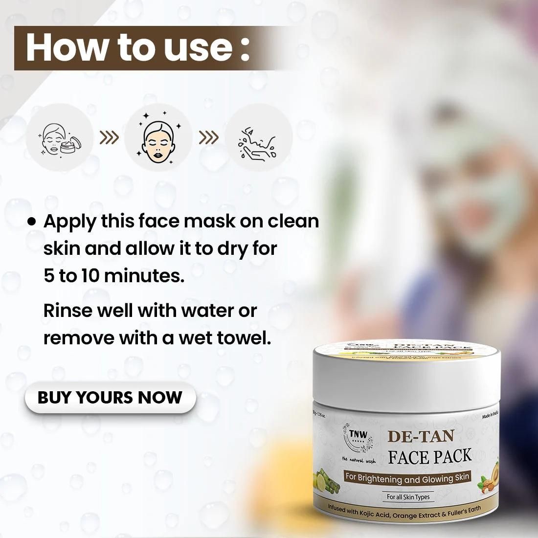 Organic de-tan face pack for brightening and glowing skin, easy to use with clear instructions