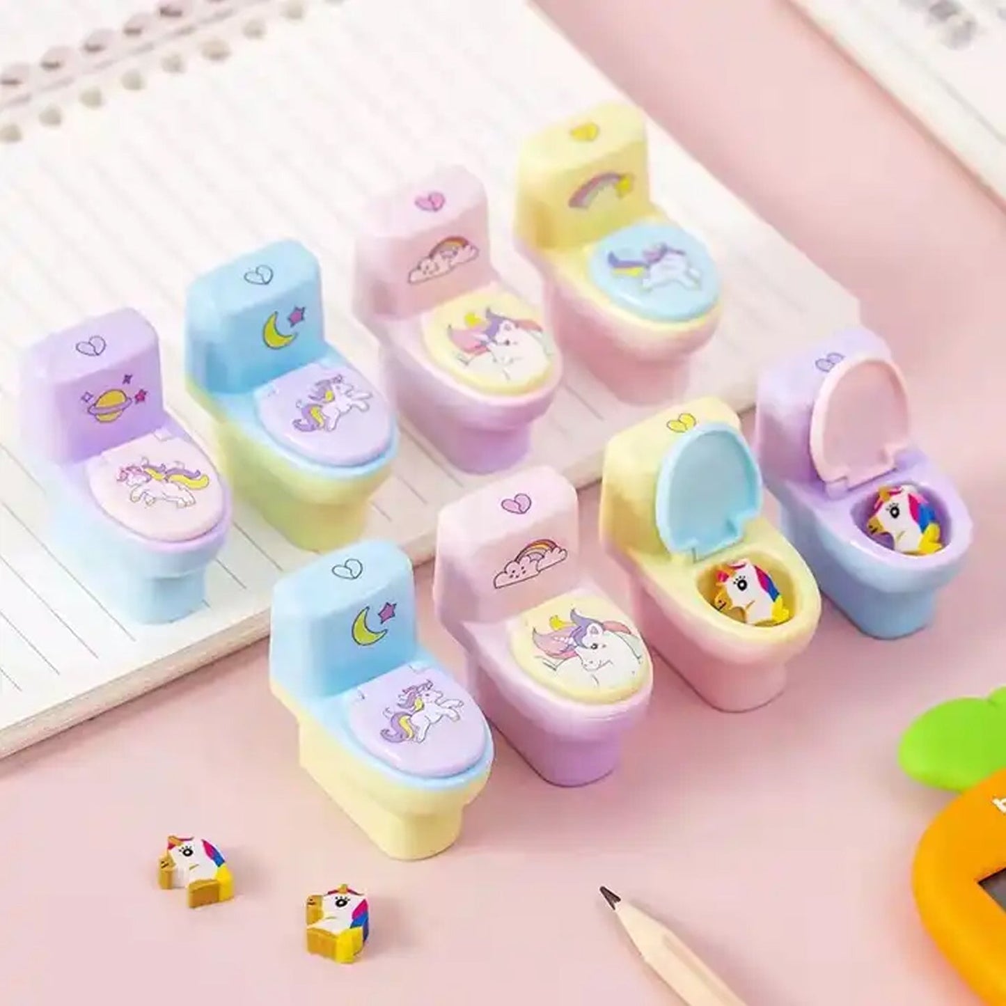 Colorful toilet shaped pencil sharpener with eraser, ideal for fun stationery collections