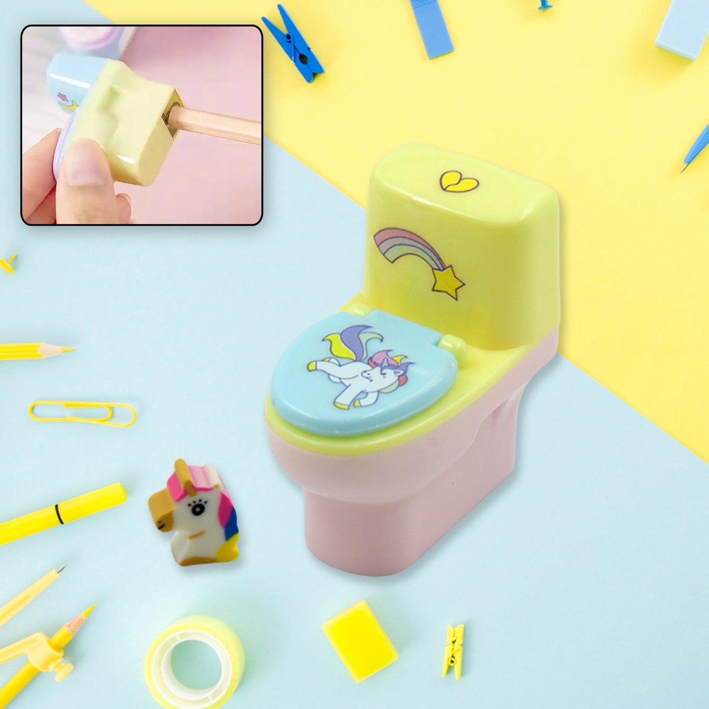 Toilet shaped pencil sharpener with eraser featuring a colorful unicorn design