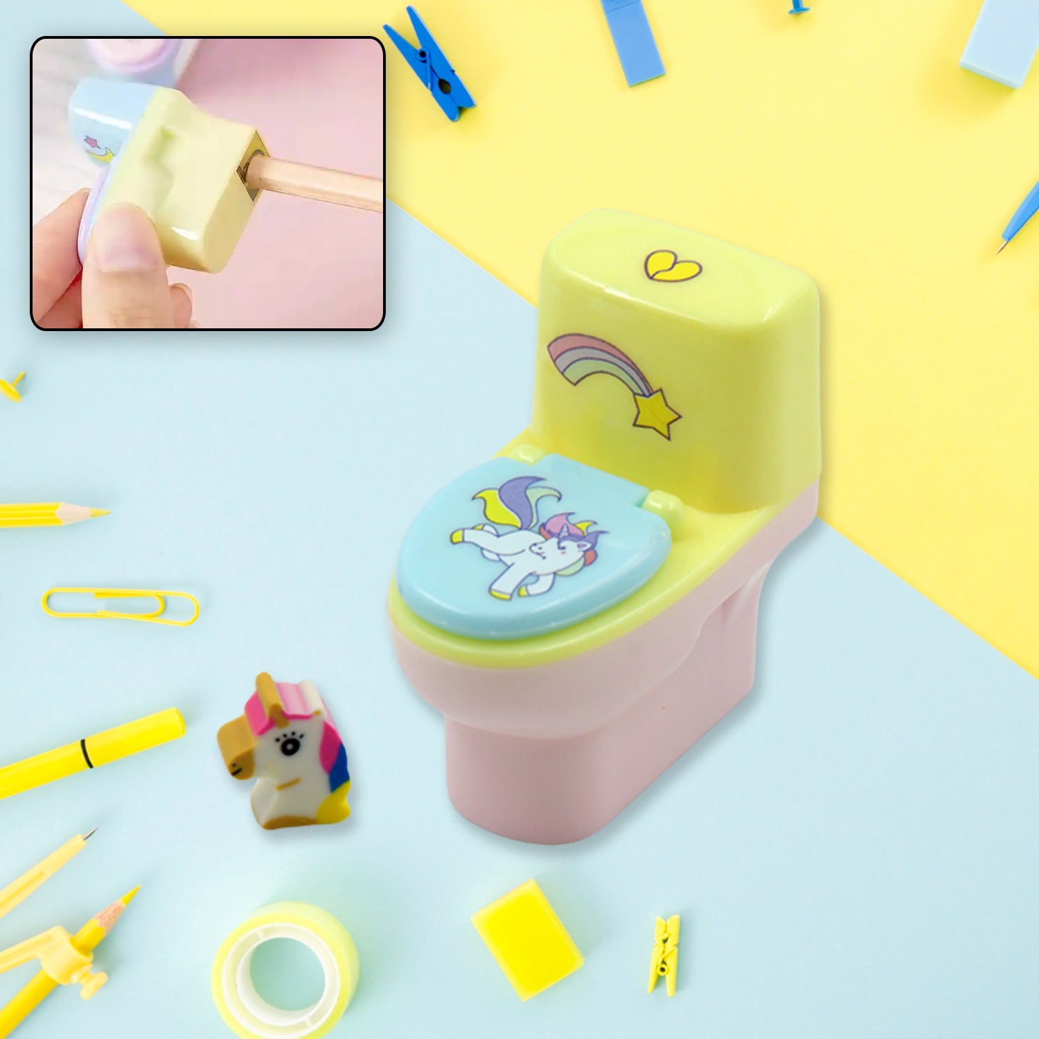 Toilet shaped pencil sharpener with eraser featuring a colorful unicorn design