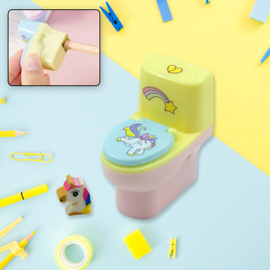 Toilet shaped pencil sharpener with eraser featuring a colorful unicorn design