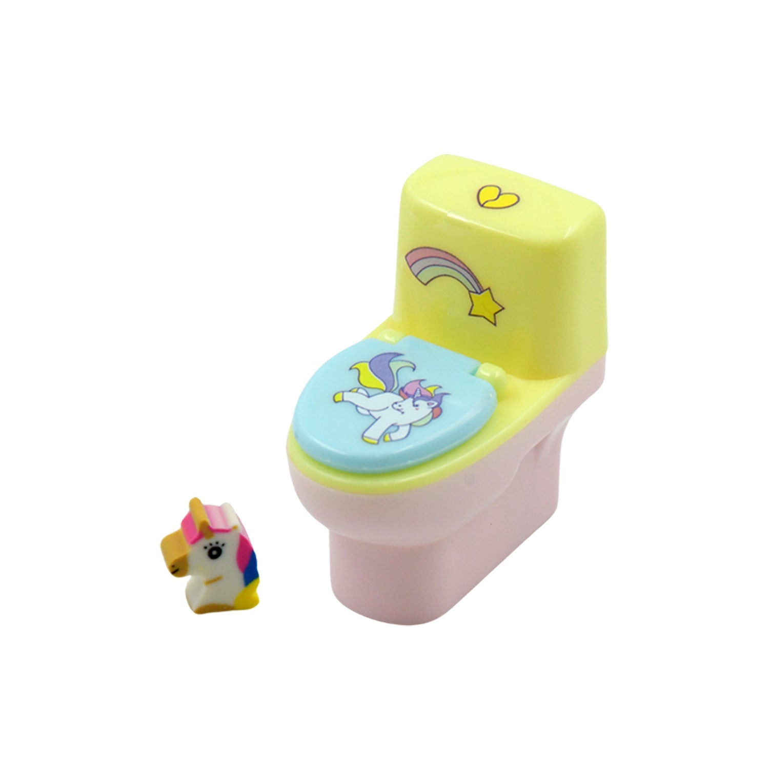 Fun toilet shaped pencil sharpener with eraser in pastel colors and unicorn design for kids
