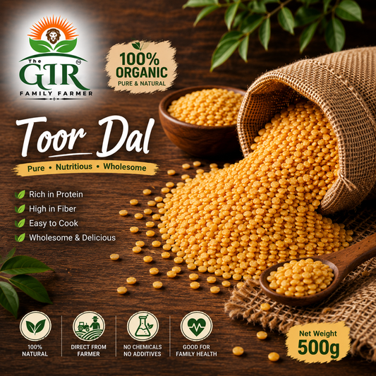 Toor Dal yellow lentil grains spilling from a burlap sack onto a rustic wooden surface, with a wooden spoon holding some grains and a bowl of grains in the background. The image features branding for 'The GIR Family Farmer' along with text highlighting the product as 'Pure, Nutritious & Wholesome' and '100% Organic'.