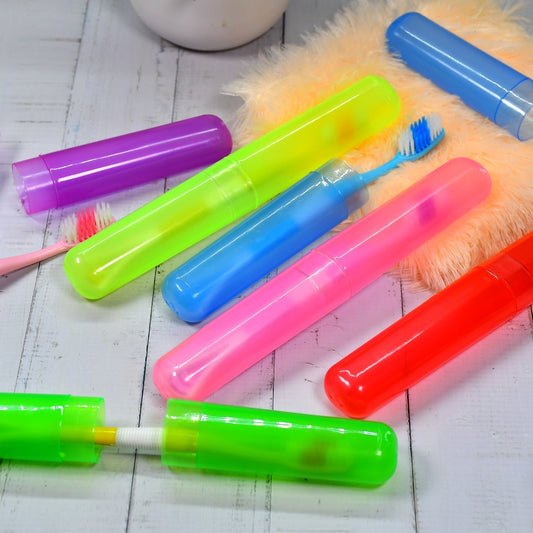 Colorful toothbrush travel covers in bright neon shades for convenient dental hygiene on the go