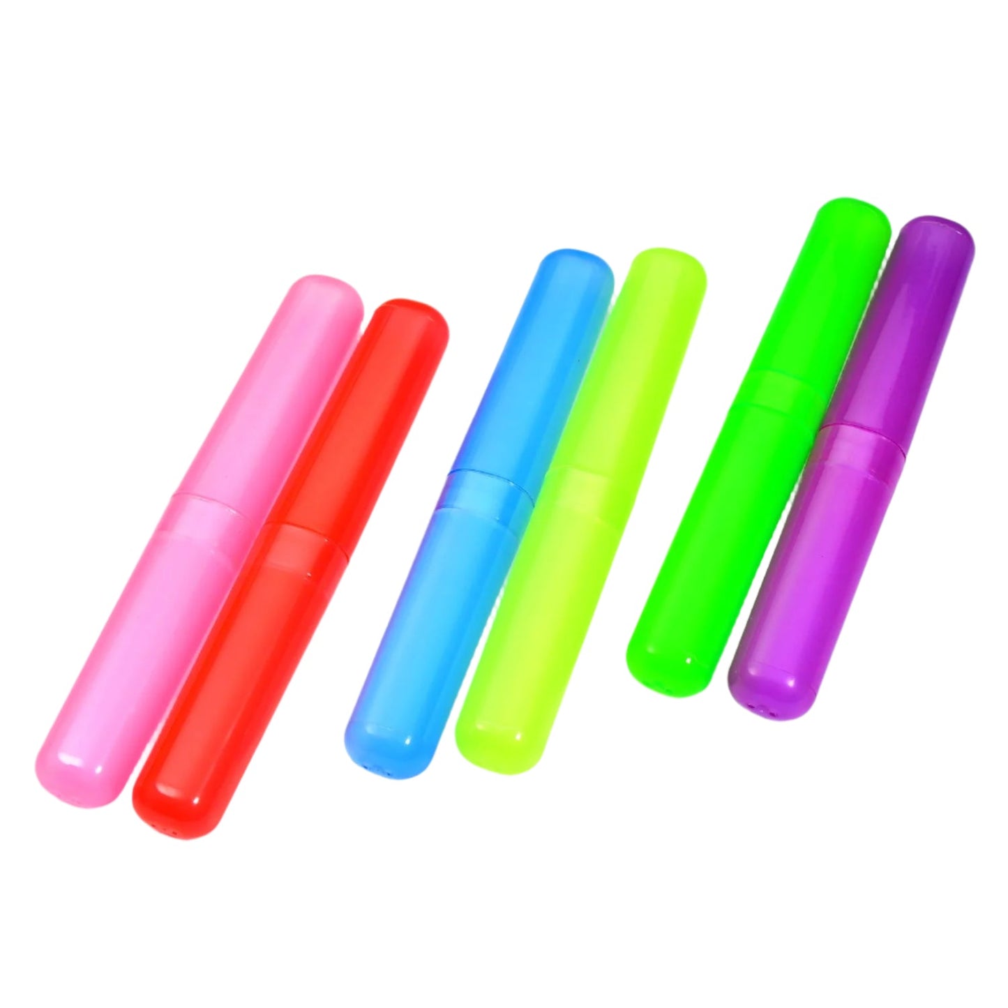Colorful toothbrush travel covers in pink, red, blue, green, and purple for protecting toothbrushes on the go