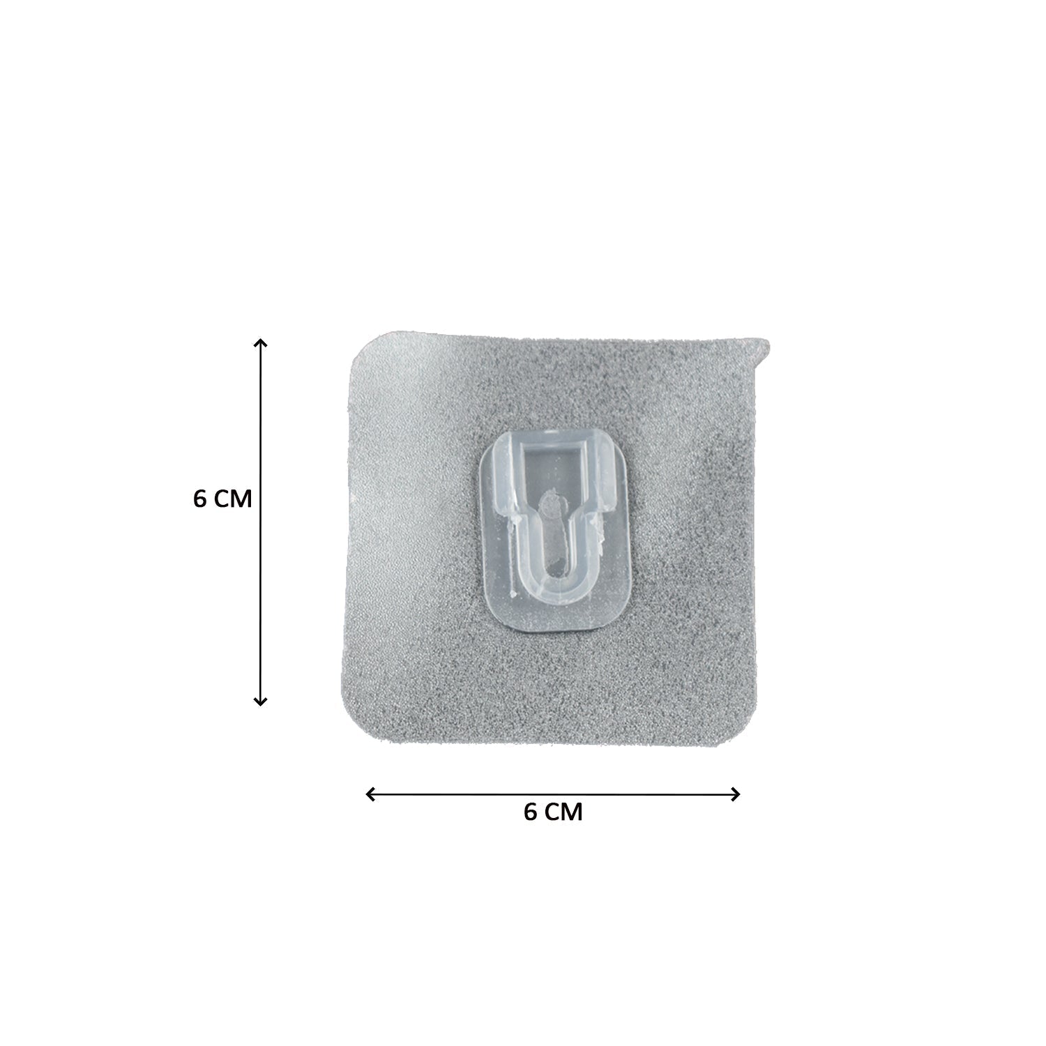 Transparent adhesive hook for wall measuring 6 cm by 6 cm, perfect for home organization