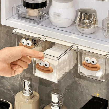 Clear transparent drawer storage box for organizing cosmetics with playful face design