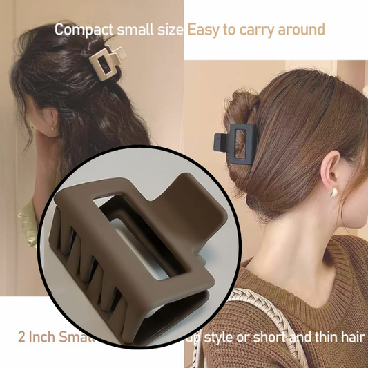Trendy claw clip for everyday use shown in black and brown on women with different hairstyles