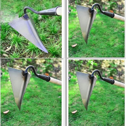 Triangle weed remover tool with wooden handle and metal triangular blade for gardening use