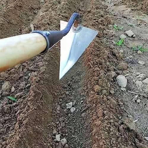 Triangle weed remover tool with wooden handle digging soil between garden rows