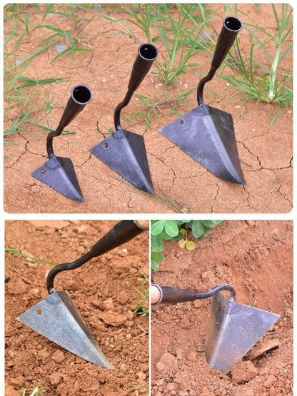 Set of three triangle weed remover tools with metal blades and black handles used for gardening