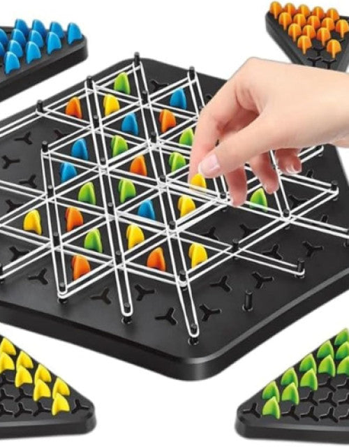 Triggle board game featuring colorful pieces arranged on a geometric game board for strategizing