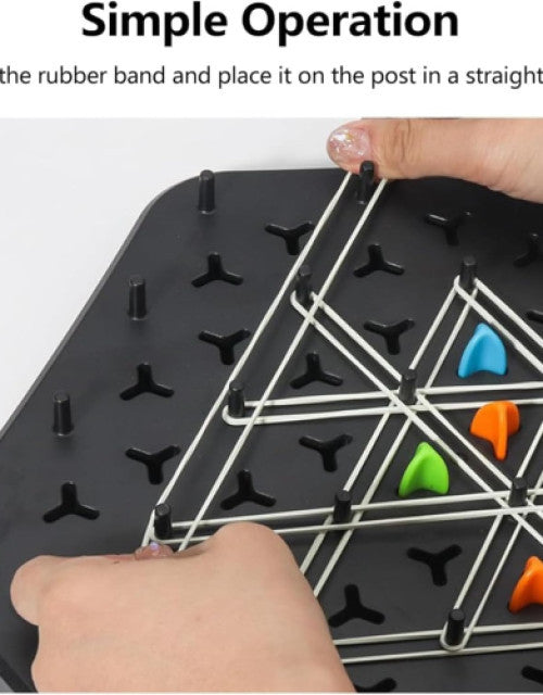 Hands demonstrating simple operation of Triggle board game with colorful pegs and rubber bands
