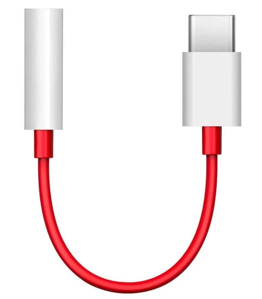 Type C to 3.5mm audio adapter in red for connecting headphones to USB-C devices