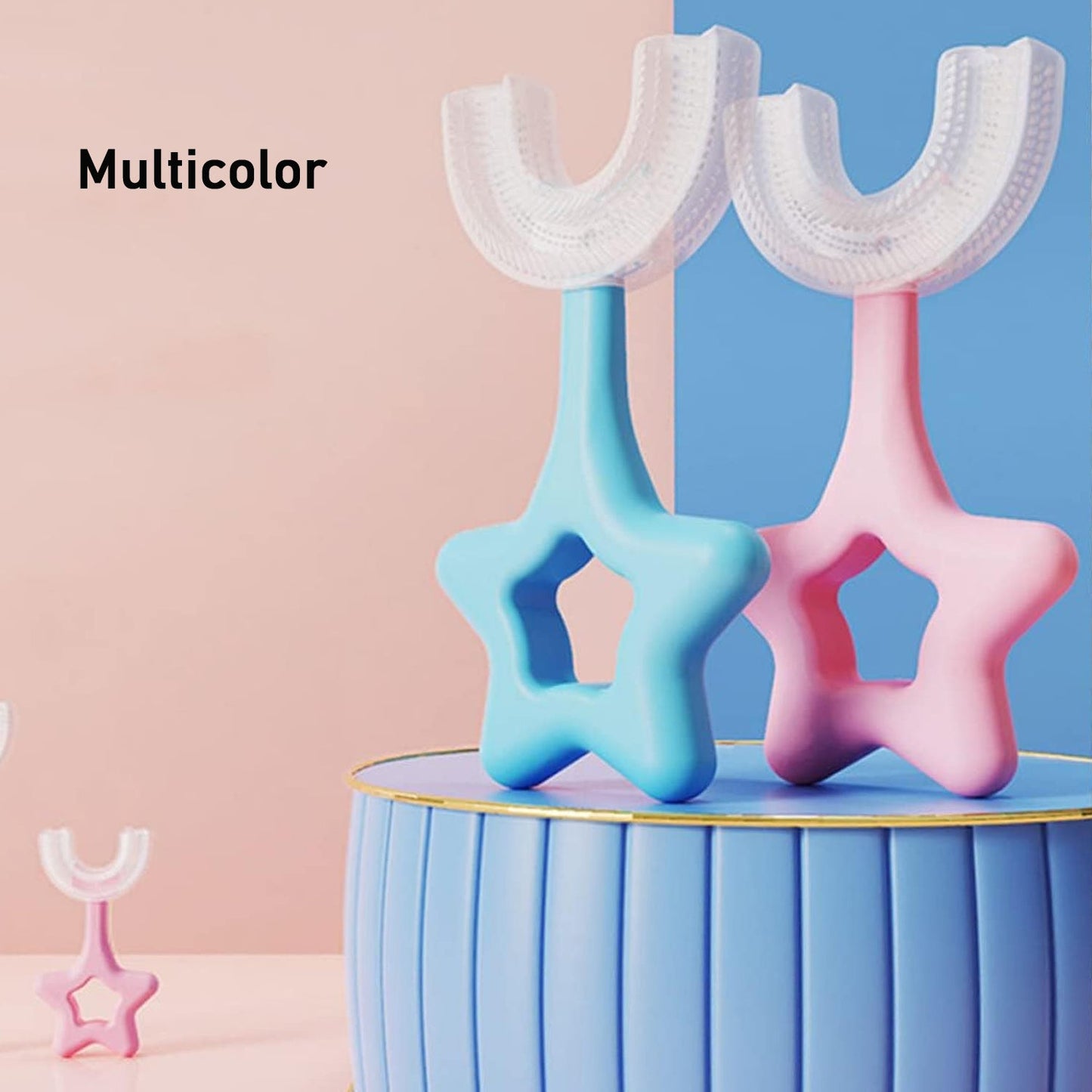 U-shape silicone toothbrush for kids in multicolor with fun star designs for easy grip and playful brushing