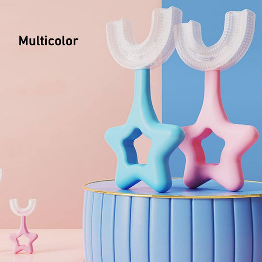 U-shape silicone toothbrush for kids in multicolor with fun star designs for easy grip and playful brushing