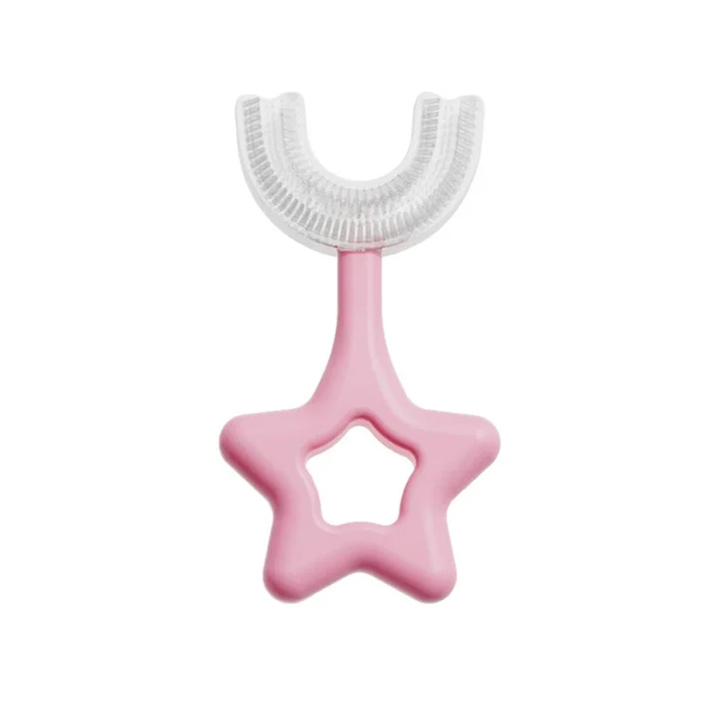 U-shape silicone toothbrush for kids in pink color shaped like a star for easy gripping