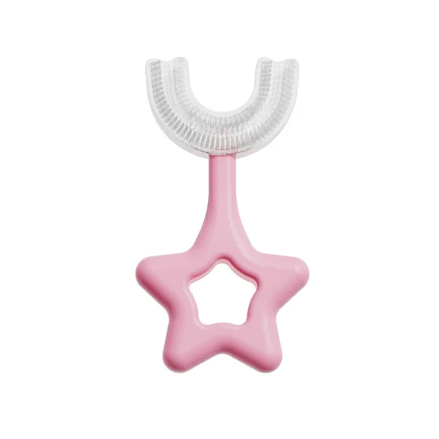 U-shape silicone toothbrush for kids in pink color shaped like a star for easy gripping