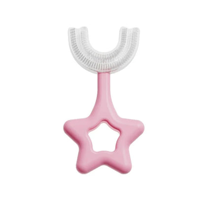 U-shape silicone toothbrush for kids in pink color shaped like a star for easy gripping