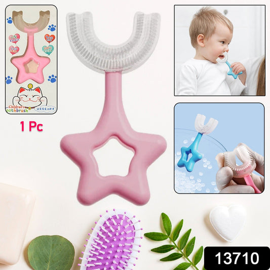 U-shape silicone toothbrush for kids in pink star shape, designed for easy teeth cleaning