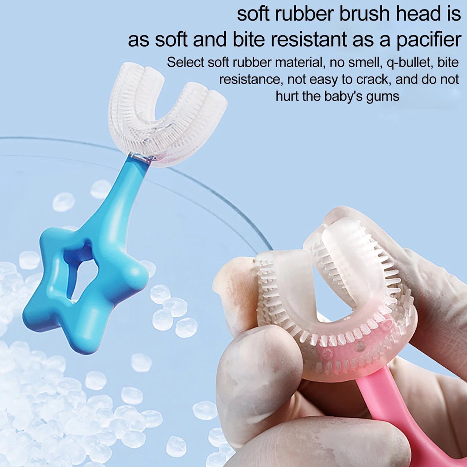 U-shape silicone toothbrush for kids designed with a soft rubber brush head for gentle oral care