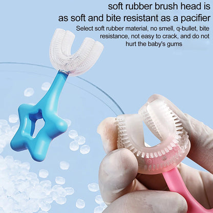 U-shape silicone toothbrush for kids designed with a soft rubber brush head for gentle oral care