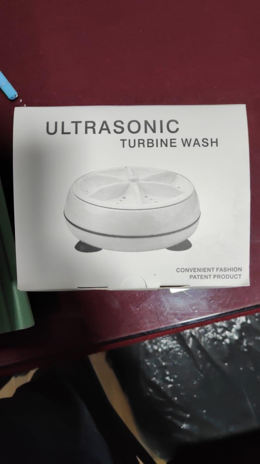 Boxed Ultrasonic Turbine Wash portable white round cleaner shown on packaging compact washer for apartments and dorms