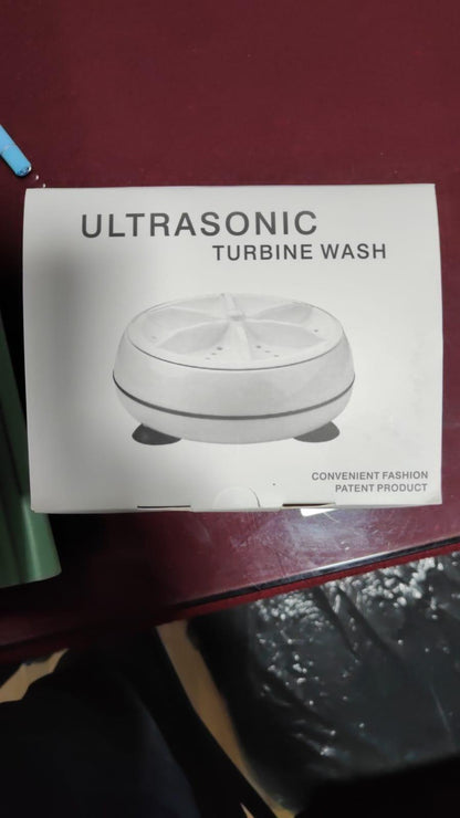 Boxed Ultrasonic Turbine Wash portable white round cleaner shown on packaging compact washer for apartments and dorms
