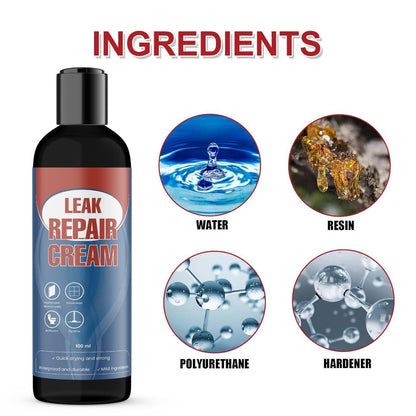 Bottle of Leak Repair Cream with icons for water resin polyurethane and hardener leak repair cream pack of 2