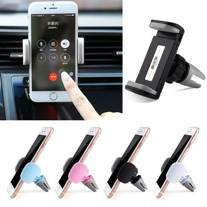 Universal car air vent phone holder in various colors, securely mounted with a smartphone in use
