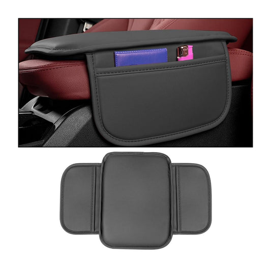 Black universal car armrest cushion with storage pocket for added comfort during drives