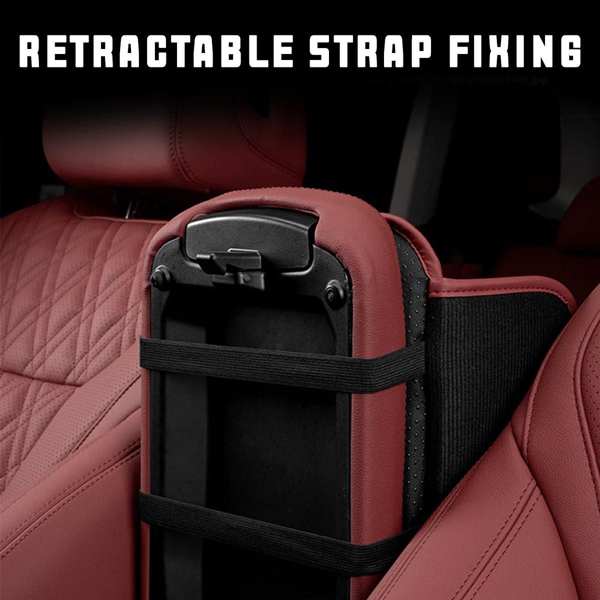 Universal car armrest cushion with retractable strap fixing in a red car interior