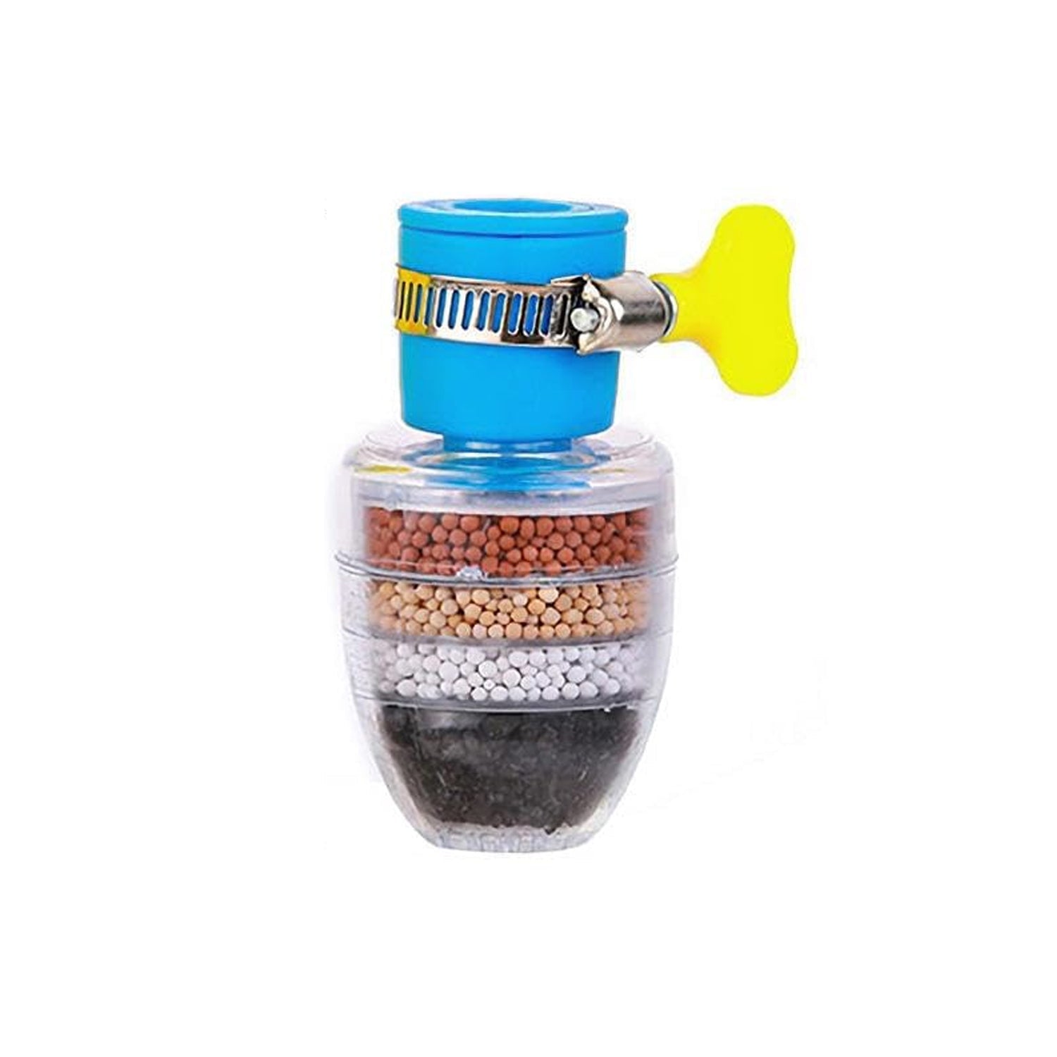 Universal faucet water filter with multi-layer filtration for clean drinking water.