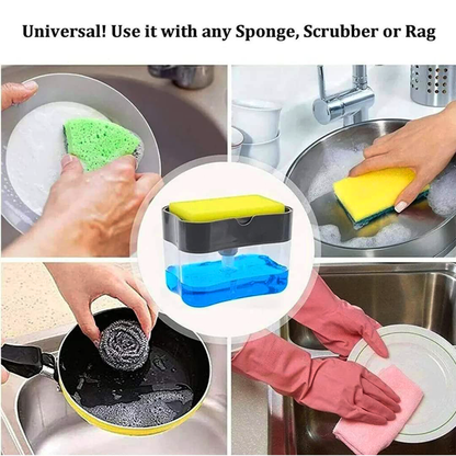 Kitchen dish soap dispenser with sponge holder showing use with various scrubbers and rags for washing dishes