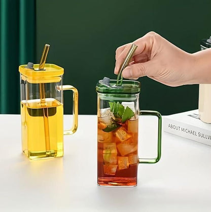 Green and yellow square glass tumblers with handles lids metal straws iced tea and mint glass tumbler for boba tea