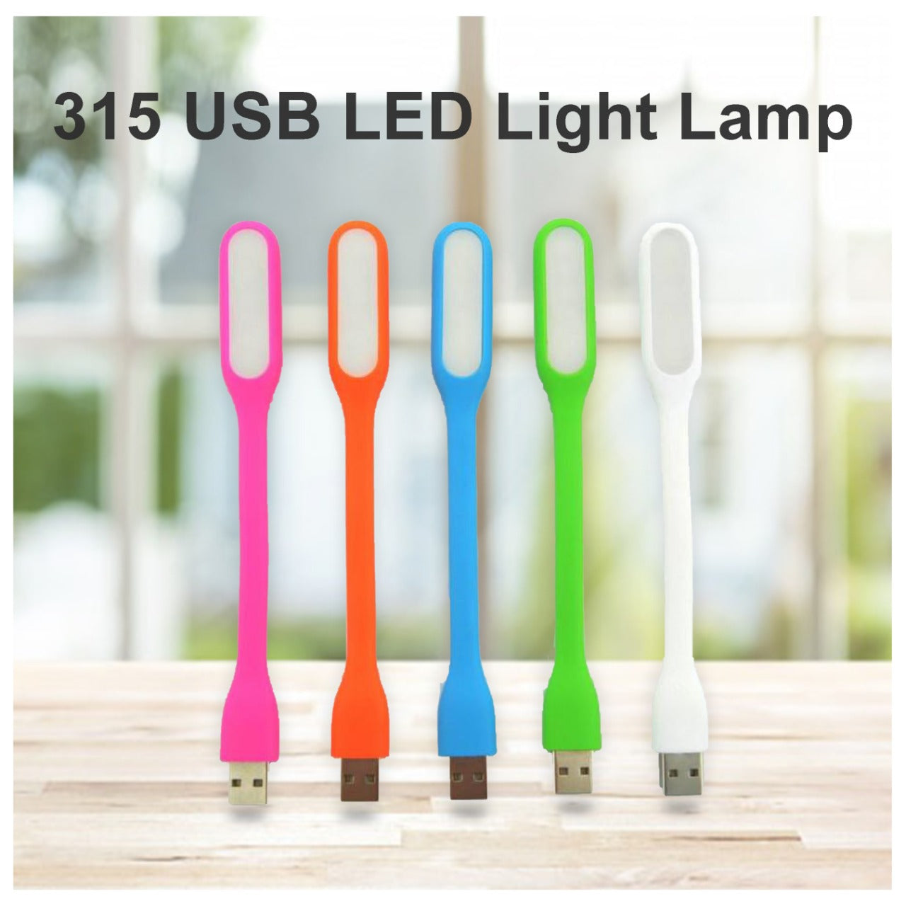 Five colorful USB LED light lamps in pink, orange, green, blue, and white for convenient lighting
