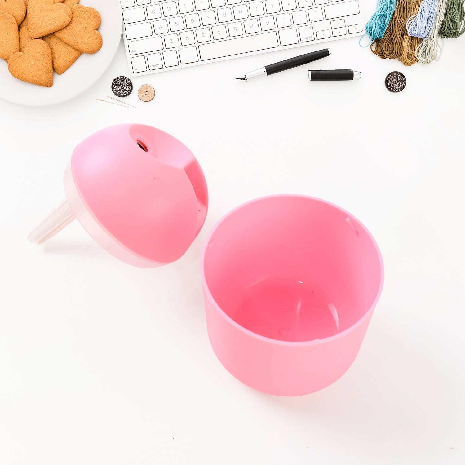 USB mini air humidifier in pink color with removable top for easy refilling
