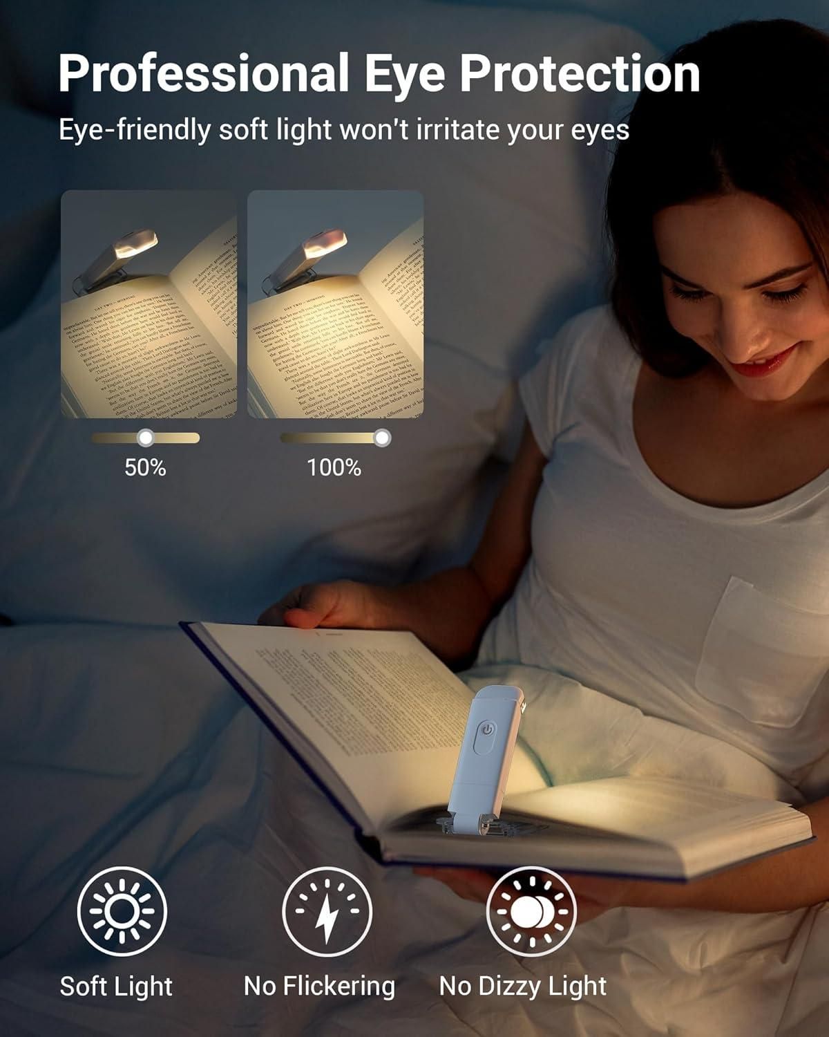 Woman reading a book in bed using a usb rechargeable reading light with soft eye-friendly illumination