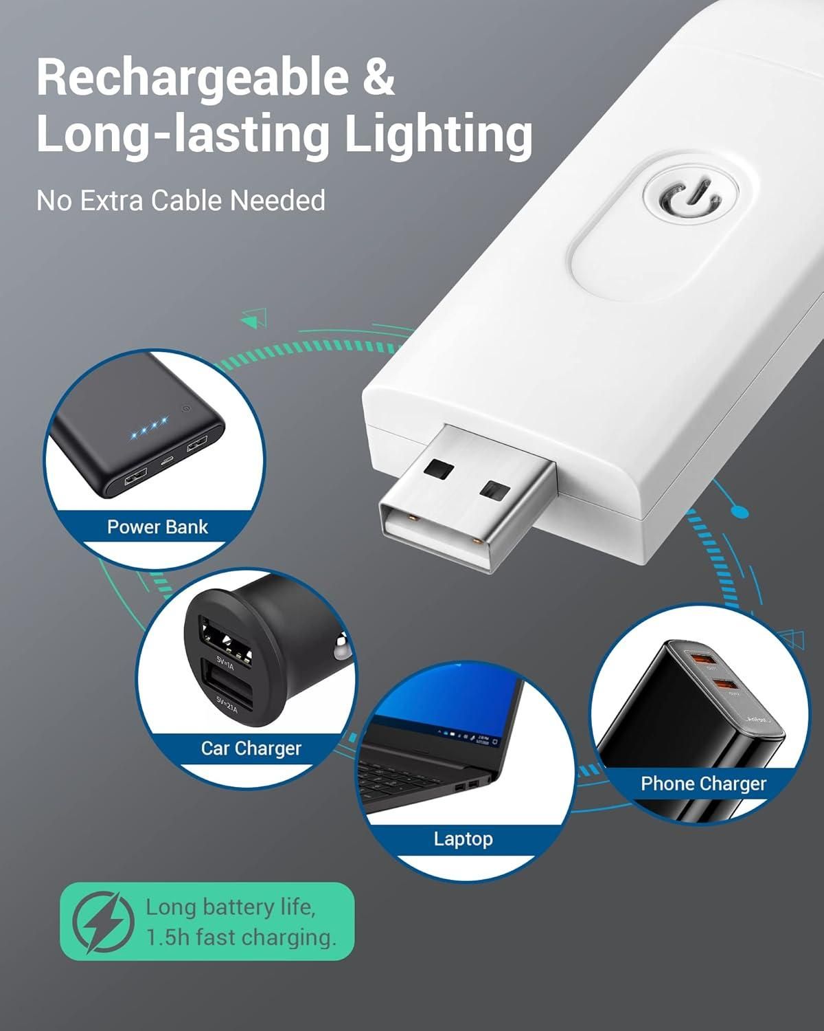USB rechargeable reading light with built-in USB plug for power bank car charger laptop and phone charger use