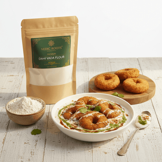 Premium Organic Dahi Vada Flour by THE GIR FARMER with fried vadas in yogurt, perfect for Indian snacks