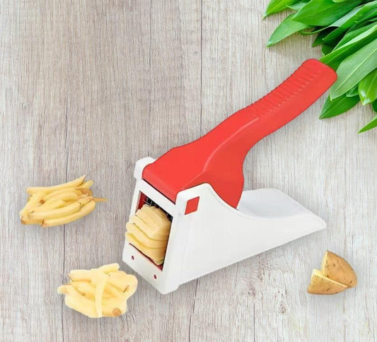 The Gir Farmer vegetable chopper for potatoes and onions with red handle and white base slicing potatoes